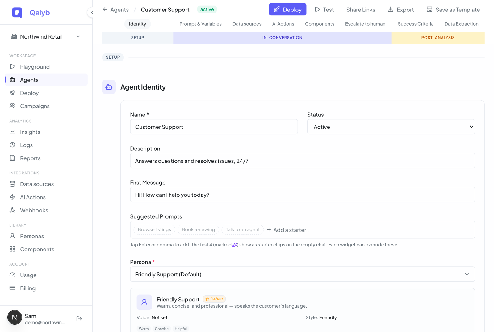 Screenshot: the Prompt & Variables section with the instructions editor and the variables panel