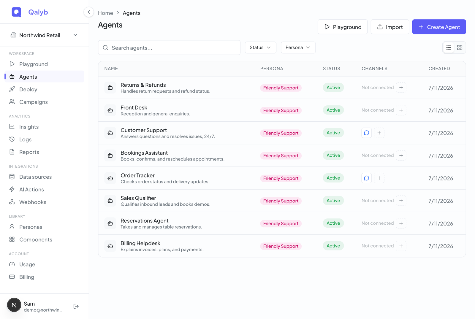 Screenshot: the Agents page with the Create Agent button in the top-right corner