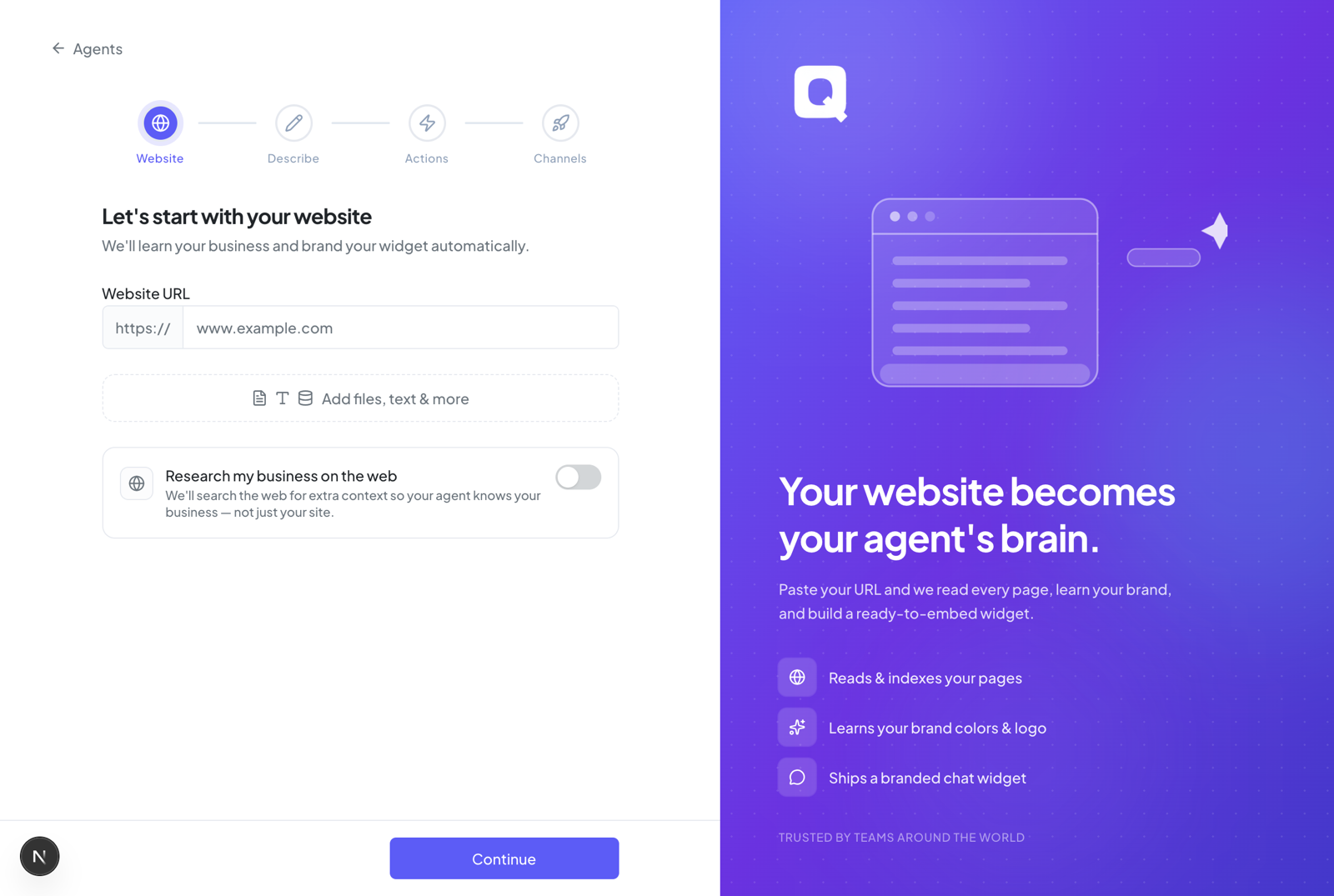 Screenshot: wizard step 1 — the website field with the locked https:// prefix and the Research my business on the web toggle