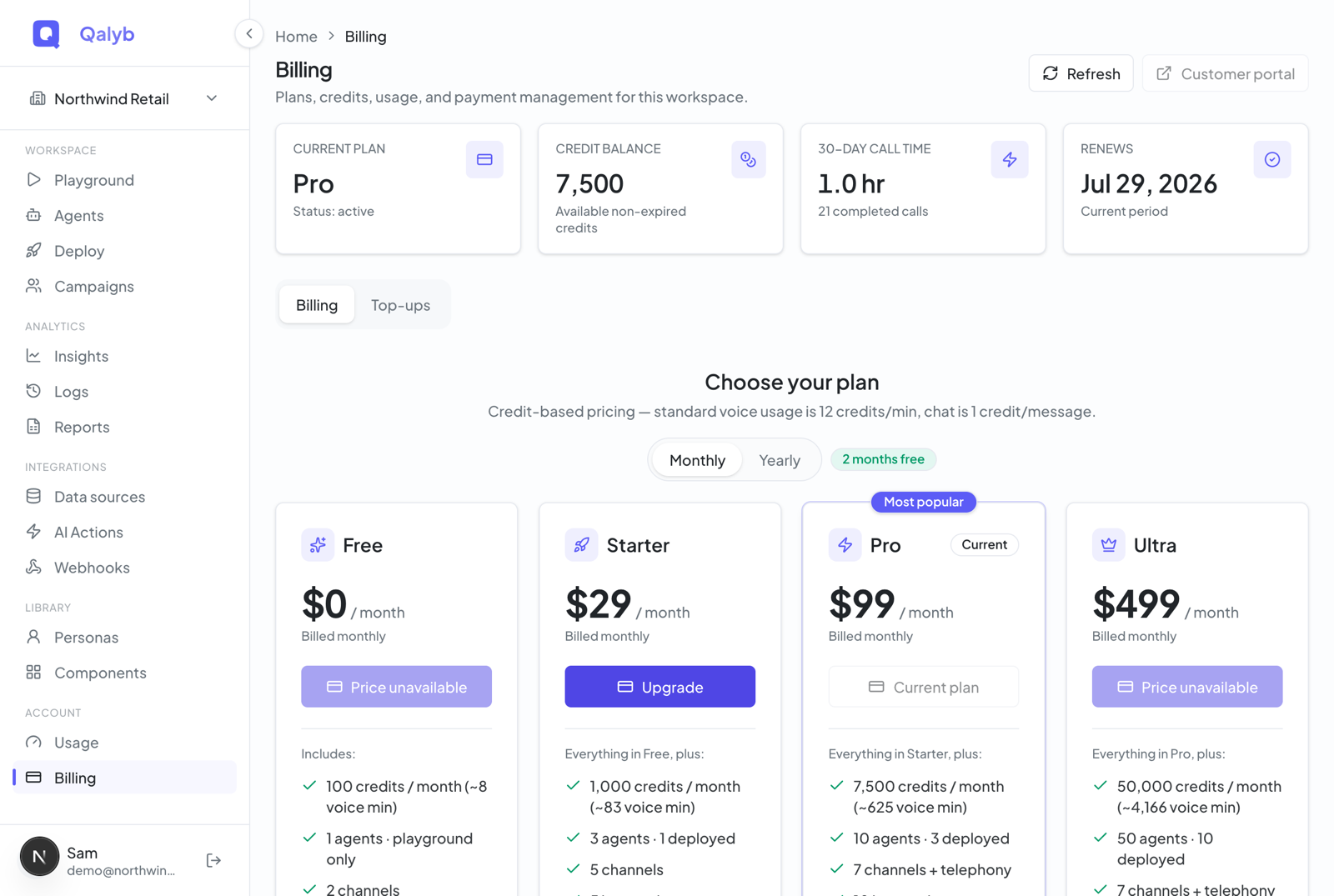 The billing page showing the current plan, credit balance, 30-day usage, and the four plan cards with a Monthly/Yearly toggle