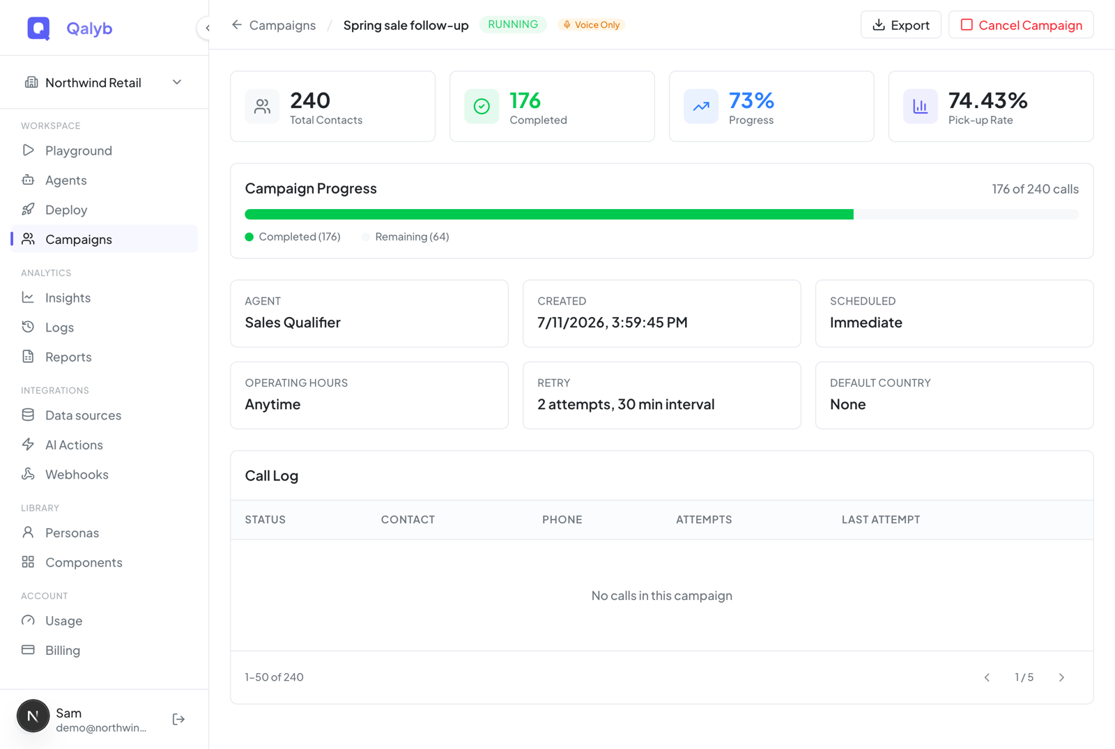 Screenshot: async campaign detail page — KPI cards and a Sent to Delivered to Read to Replied delivery funnel with terminal-outcome chips