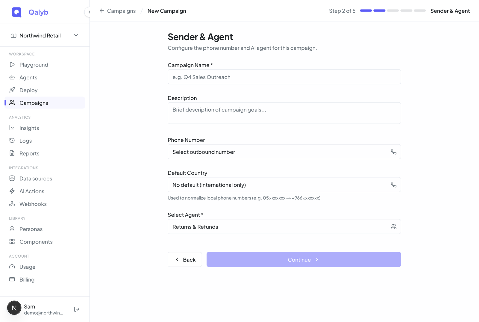 Screenshot: Sender and Agent step with a selected agent and required and optional variable pills