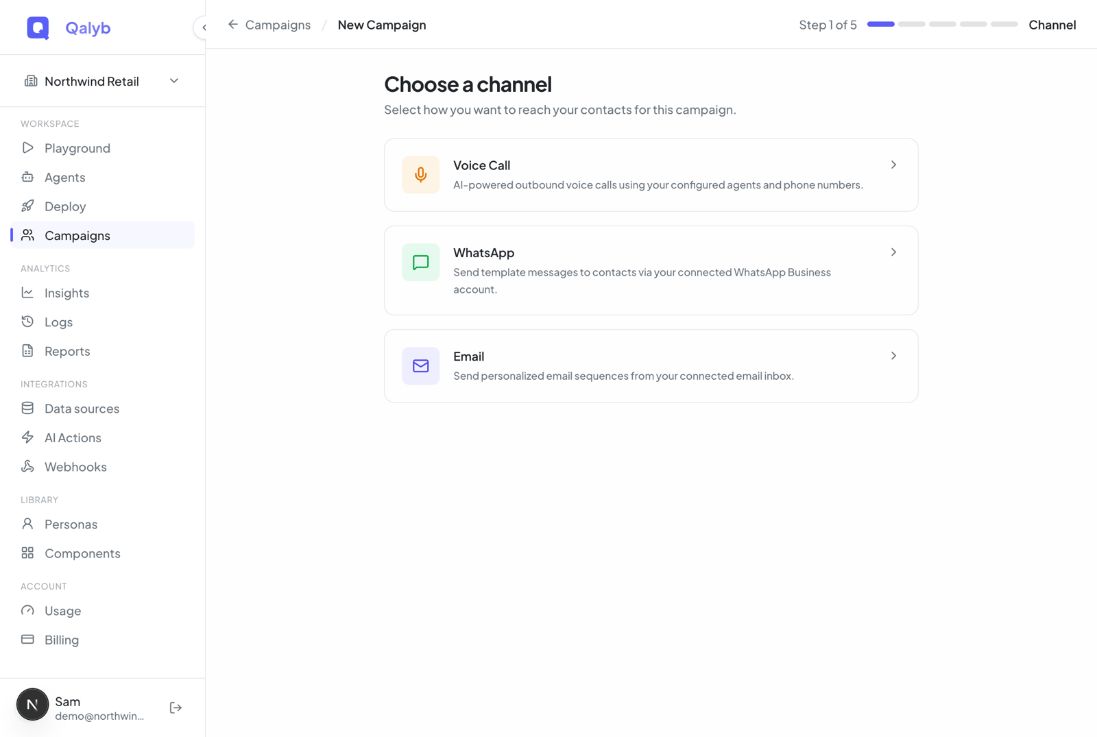Screenshot: New Campaign wizard step 1 — three channel cards for Voice Call, WhatsApp, and Email
