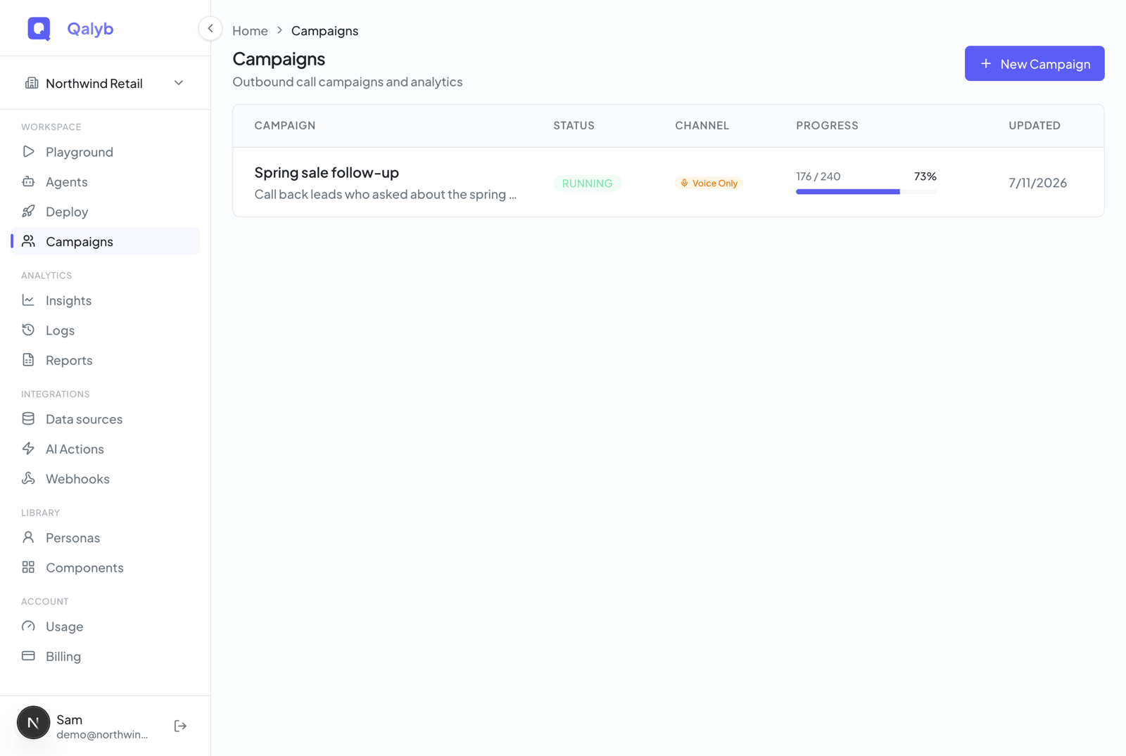 Screenshot: campaigns list table with mixed statuses, channel pills, and progress bars