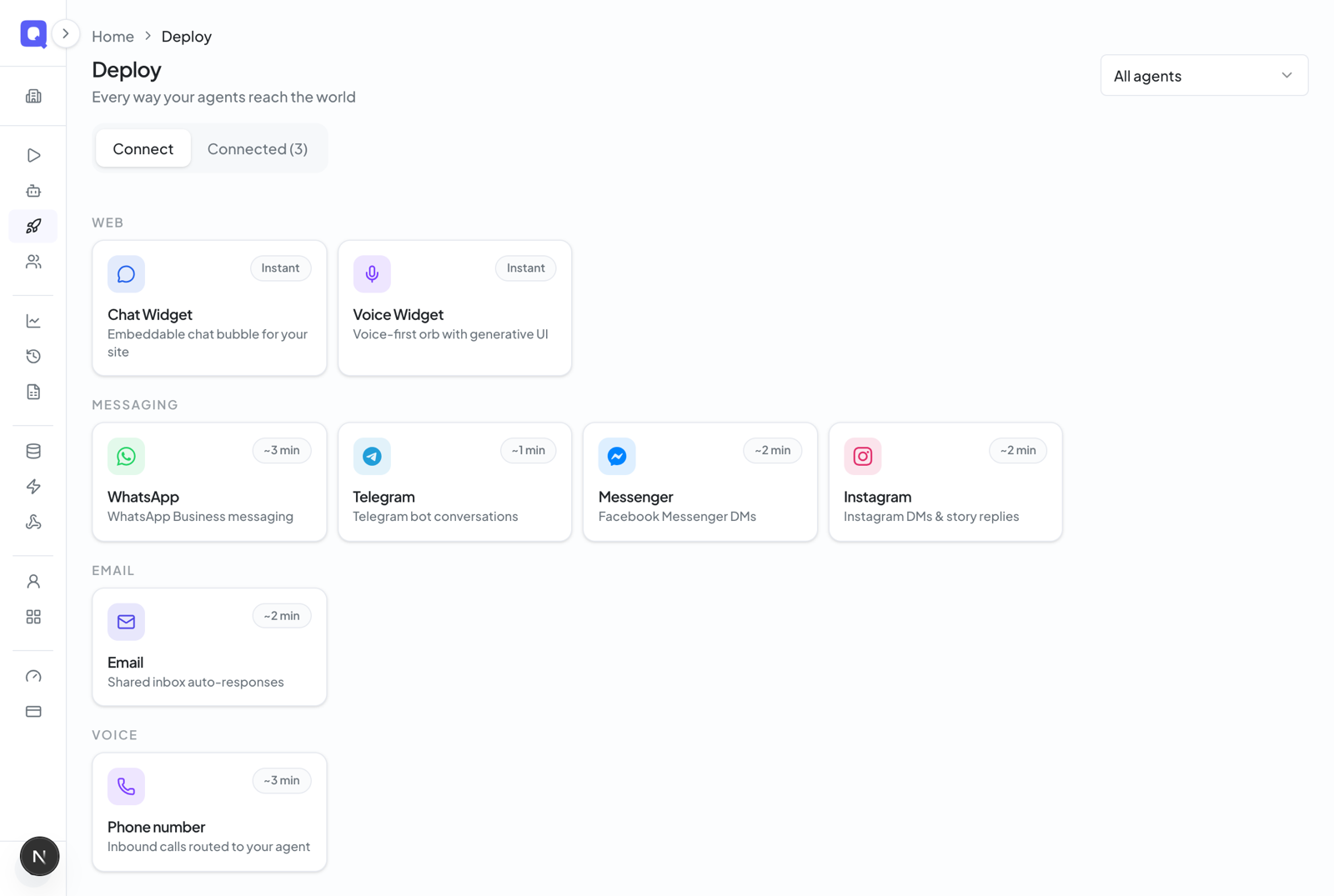 The Deploy hub listing connected channels of mixed types with colored badges, plus the Connect a channel button