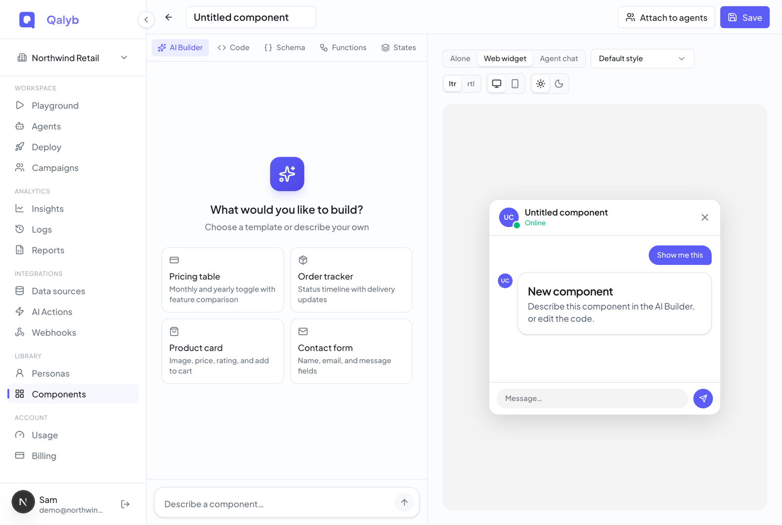 Screenshot: the AI Builder tab empty state showing four starter prompt cards and a message composer