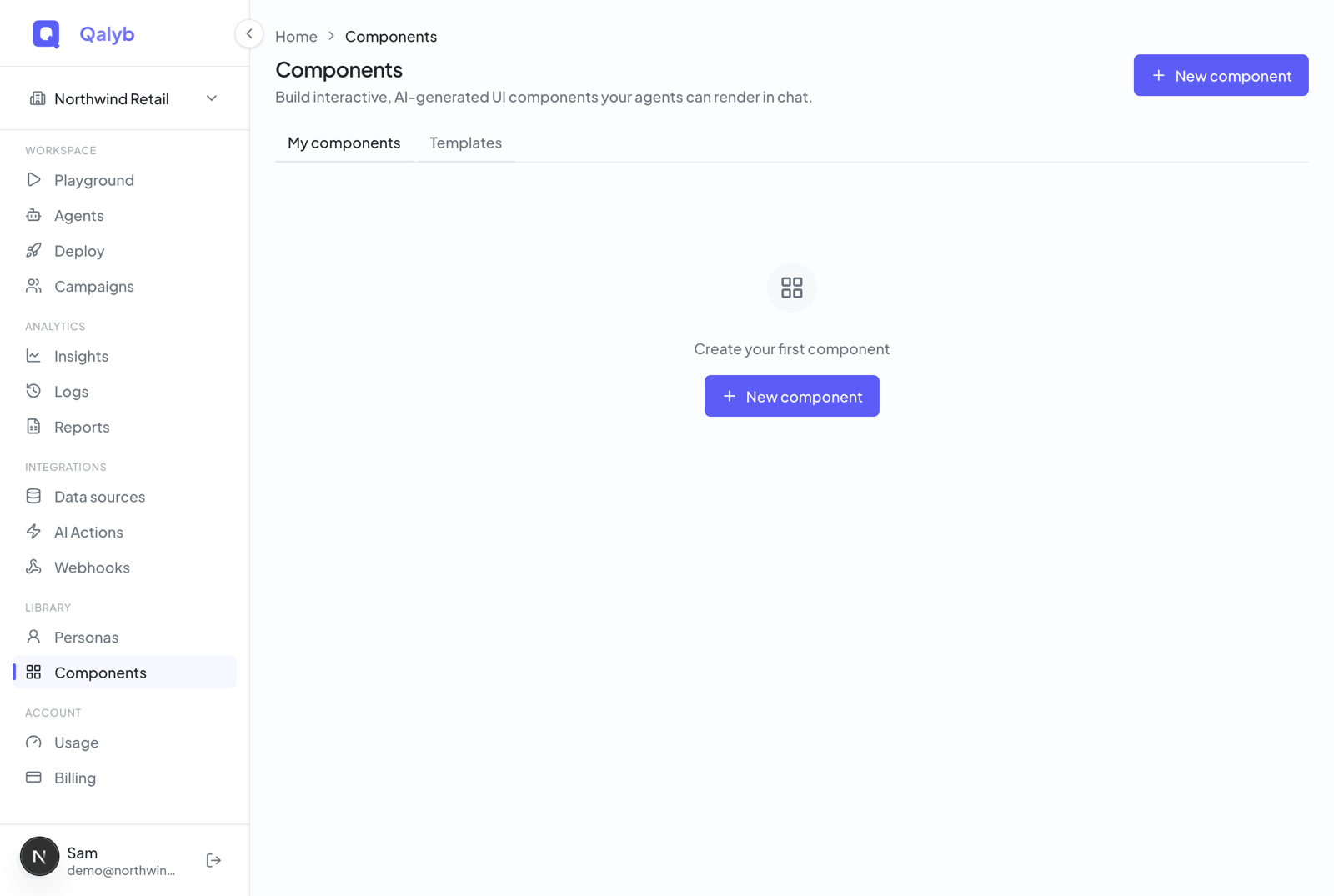 Screenshot: the Components library showing the My components tab in list view with Name and Updated columns and a row actions menu