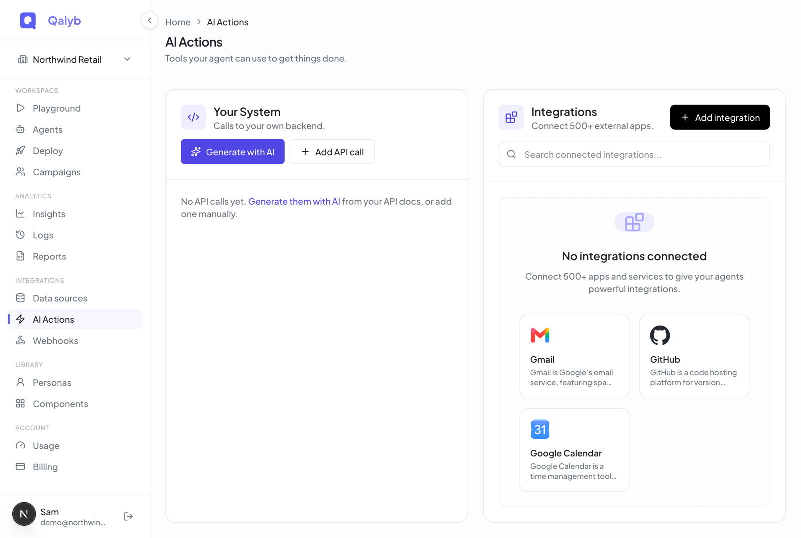 Screenshot: the Add integration dialog showing a searchable grid of app cards
