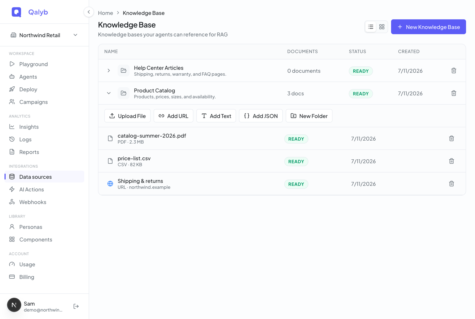 Screenshot: the Data sources page listing knowledge bases with status pills and document counts