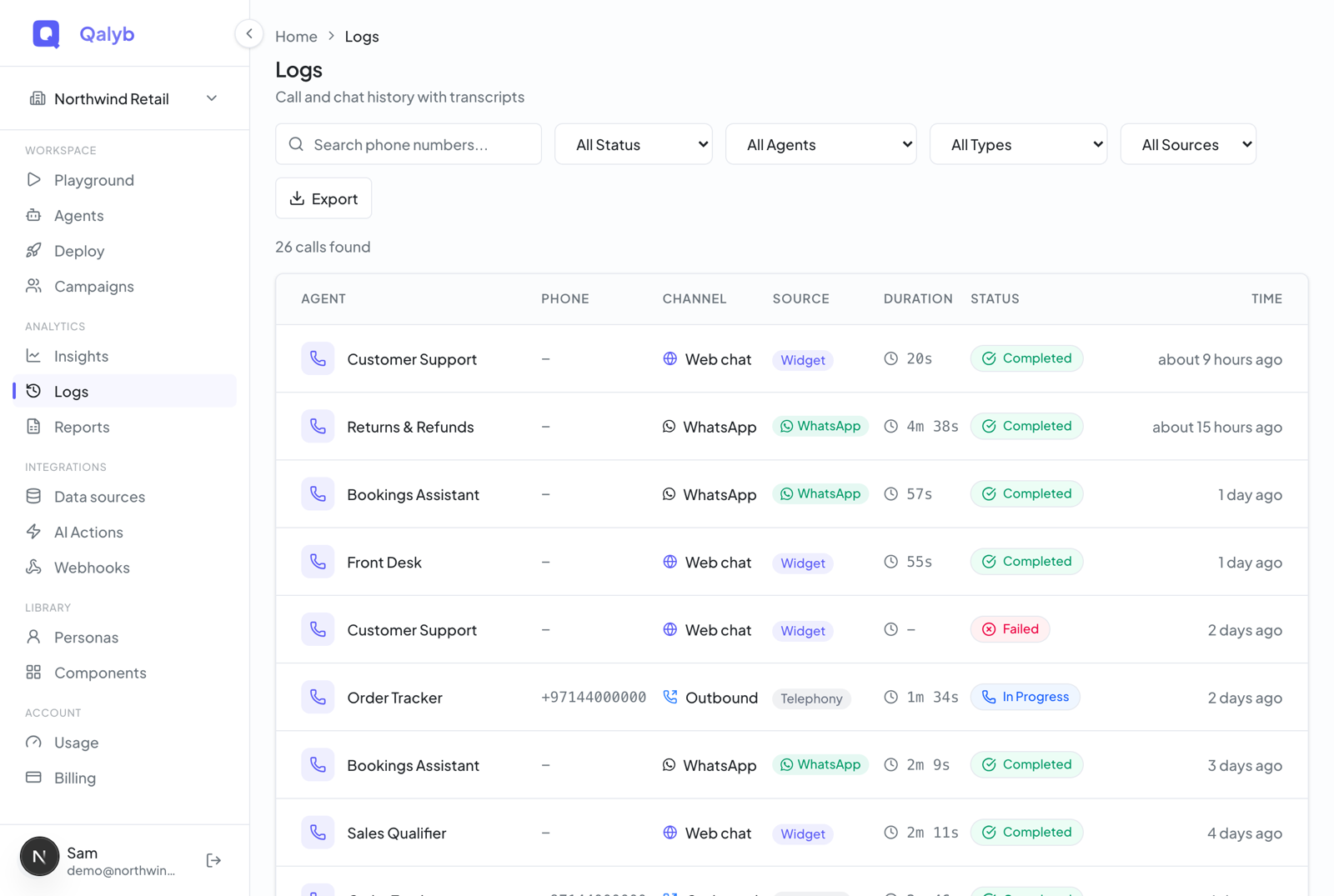 Screenshot: Logs detail sheet Report tab showing Summary, Sentiment, Success Criteria with a percentage score, and Extracted Data