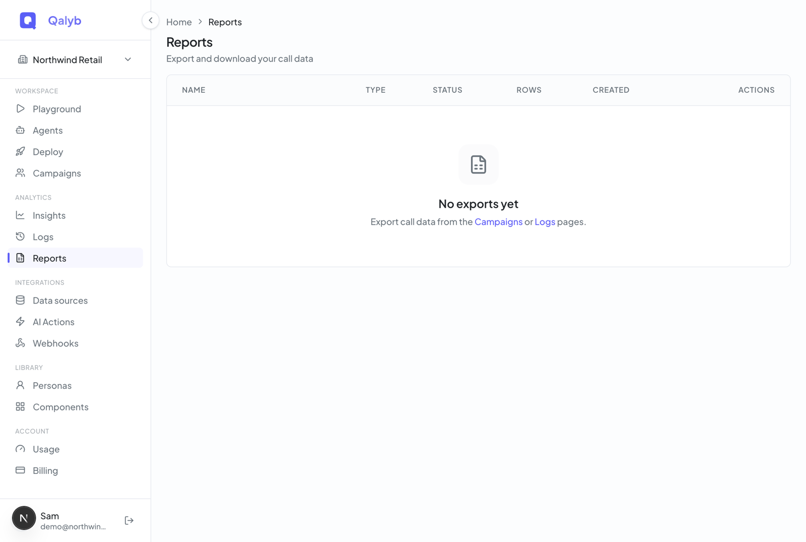 Screenshot: Reports page table listing export jobs with Name, Type and Status badges, row counts, created date, and Download/Delete actions