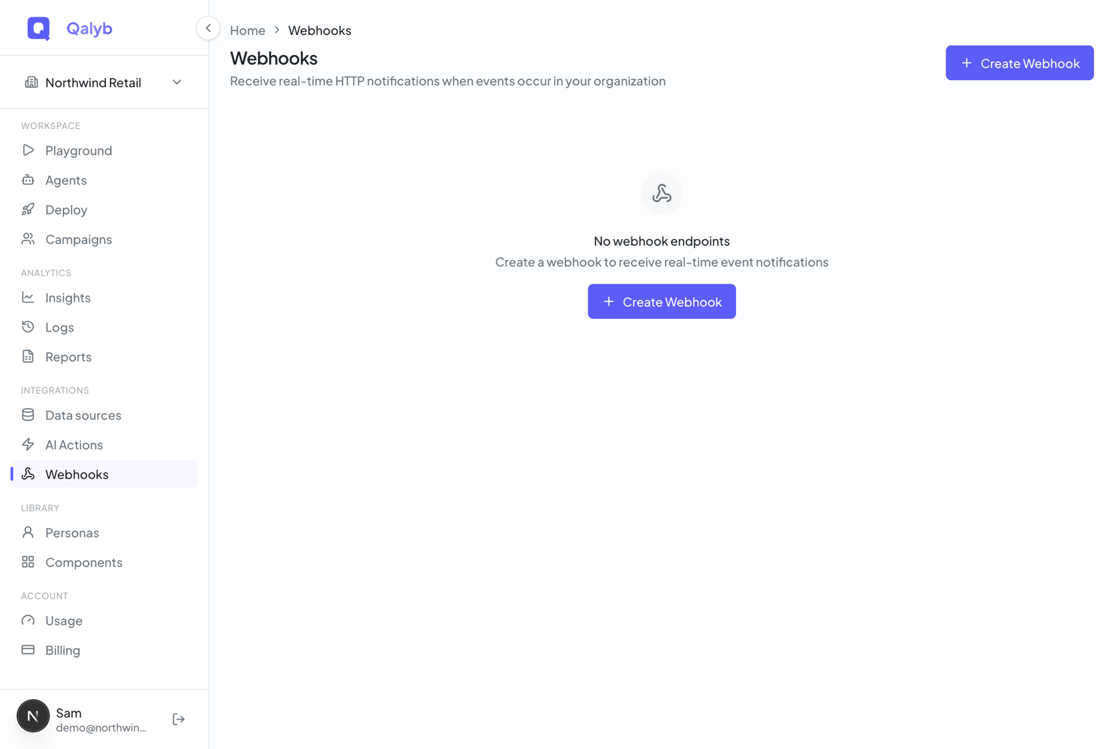 Screenshot: the Webhooks list page showing registered endpoints with Name, URL, Channels, Events, Status, and Mode columns