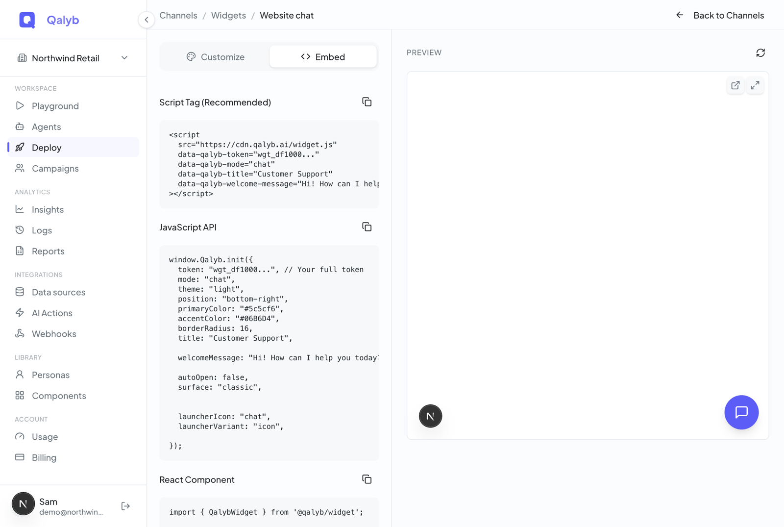 Screenshot: the widget's Embed tab with the copy-ready snippet