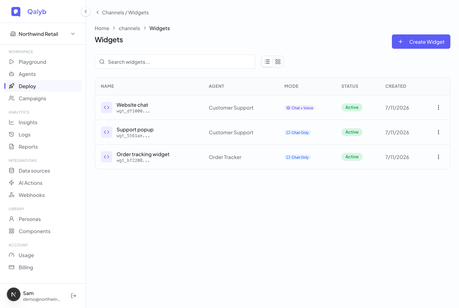 Screenshot: the Create Widget dialog showing the Name field, Agent selector, read-only Type field, Allowed Domains input, and the Voice dictation and File upload toggles