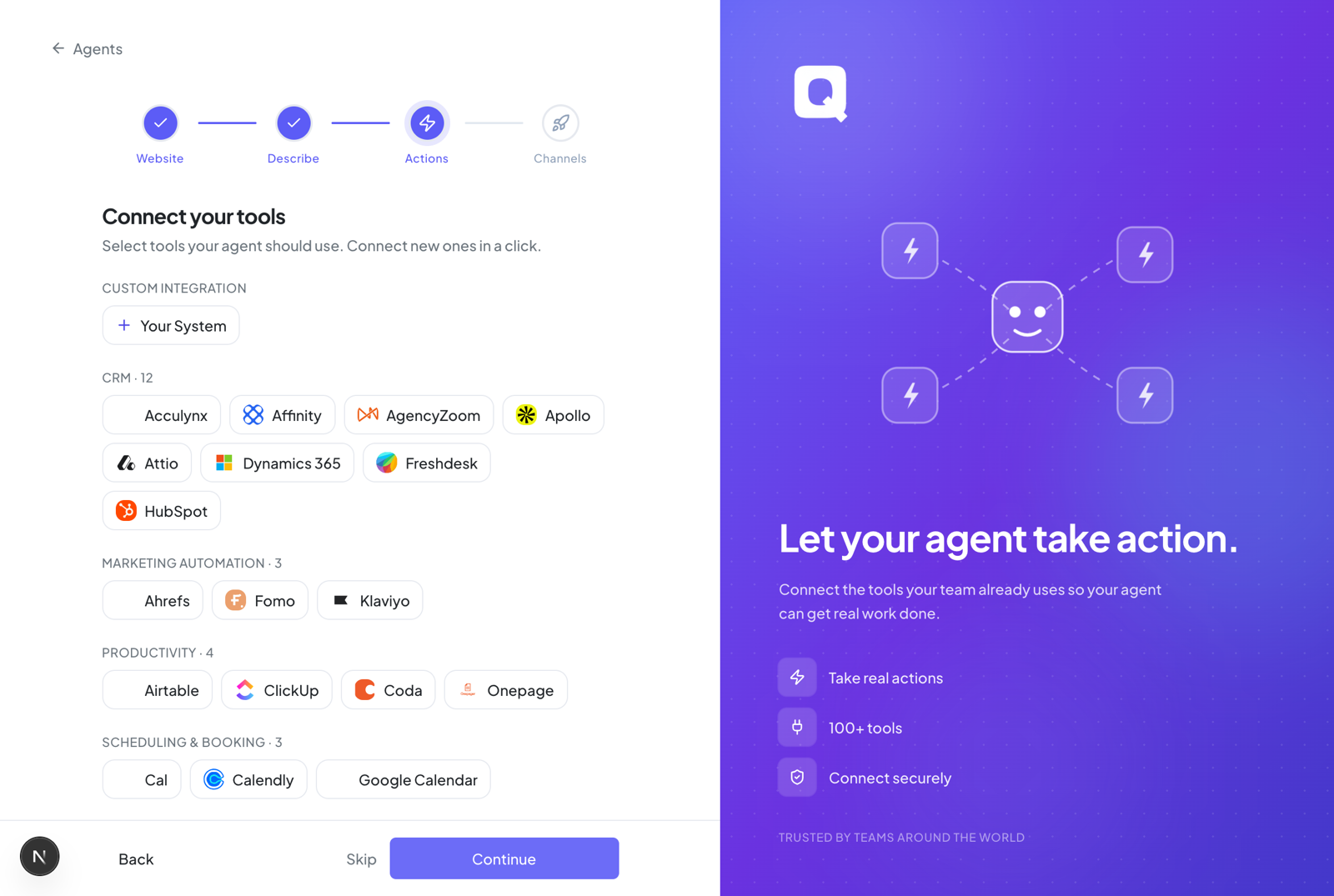 Screenshot: wizard step 3, Connect your tools, showing available AI Actions to enable