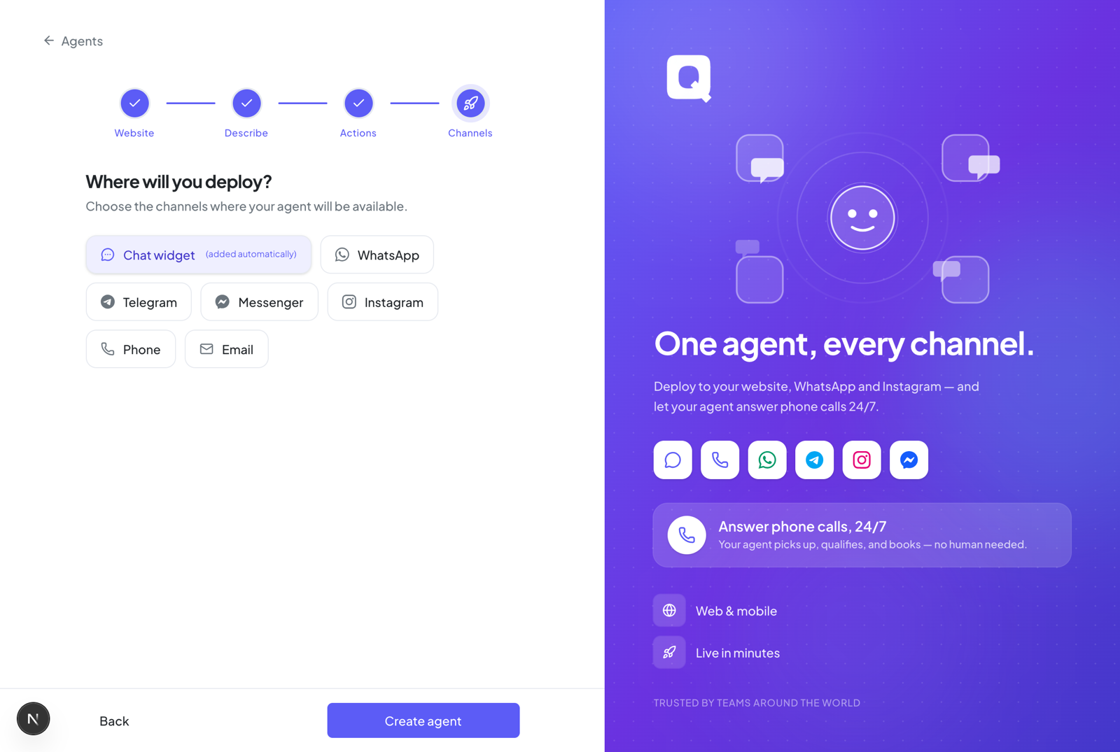 Screenshot: wizard step 4, Where will you deploy, with channel chips for the web widget, WhatsApp, Telegram, Messenger, Instagram, phone, and email